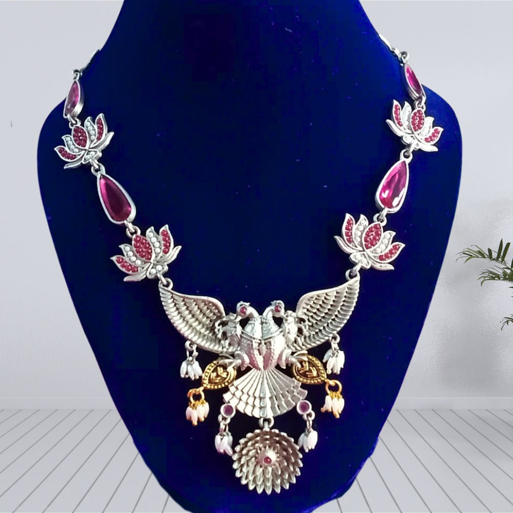 Lotus And Peacock Design Classic Necklace Set With Earrings