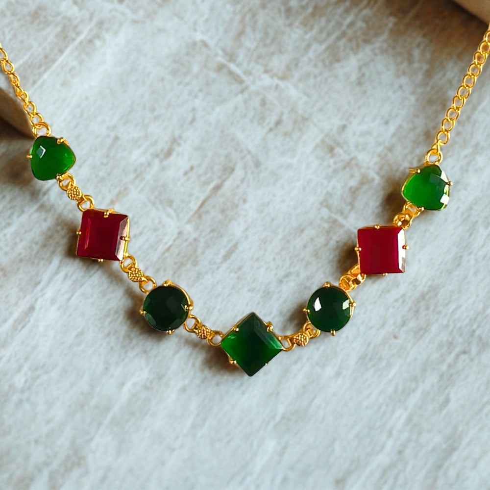 Gold Plated Green And Maroon Necklace