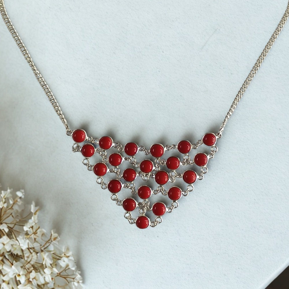 Red Coral Gemstone Silver Plated Necklace