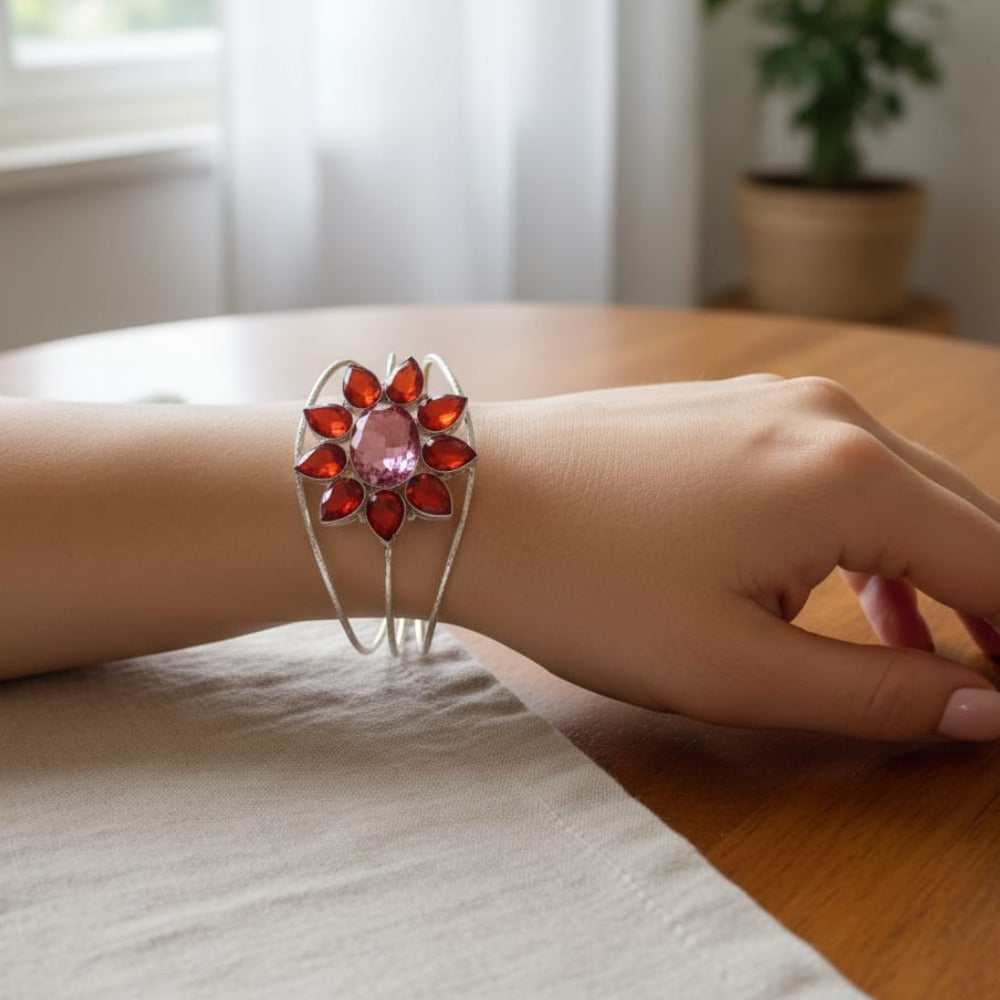Red Floral Design Silver Plated Adjustable Bracelet