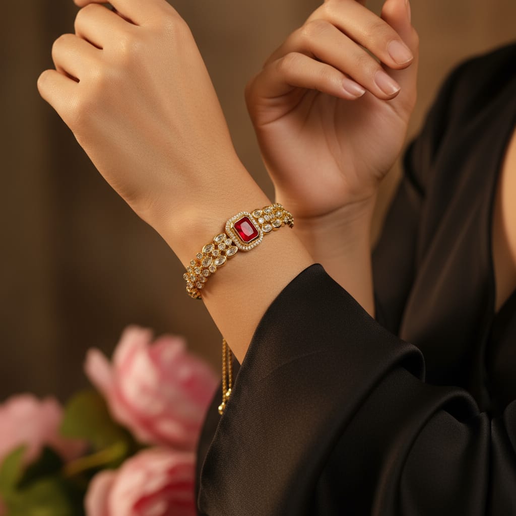 Adjustable Kundan Bracelet With Gold Plating