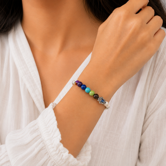 7 Chakra + Silver Hamsa Hand Evil Eye Bracelet