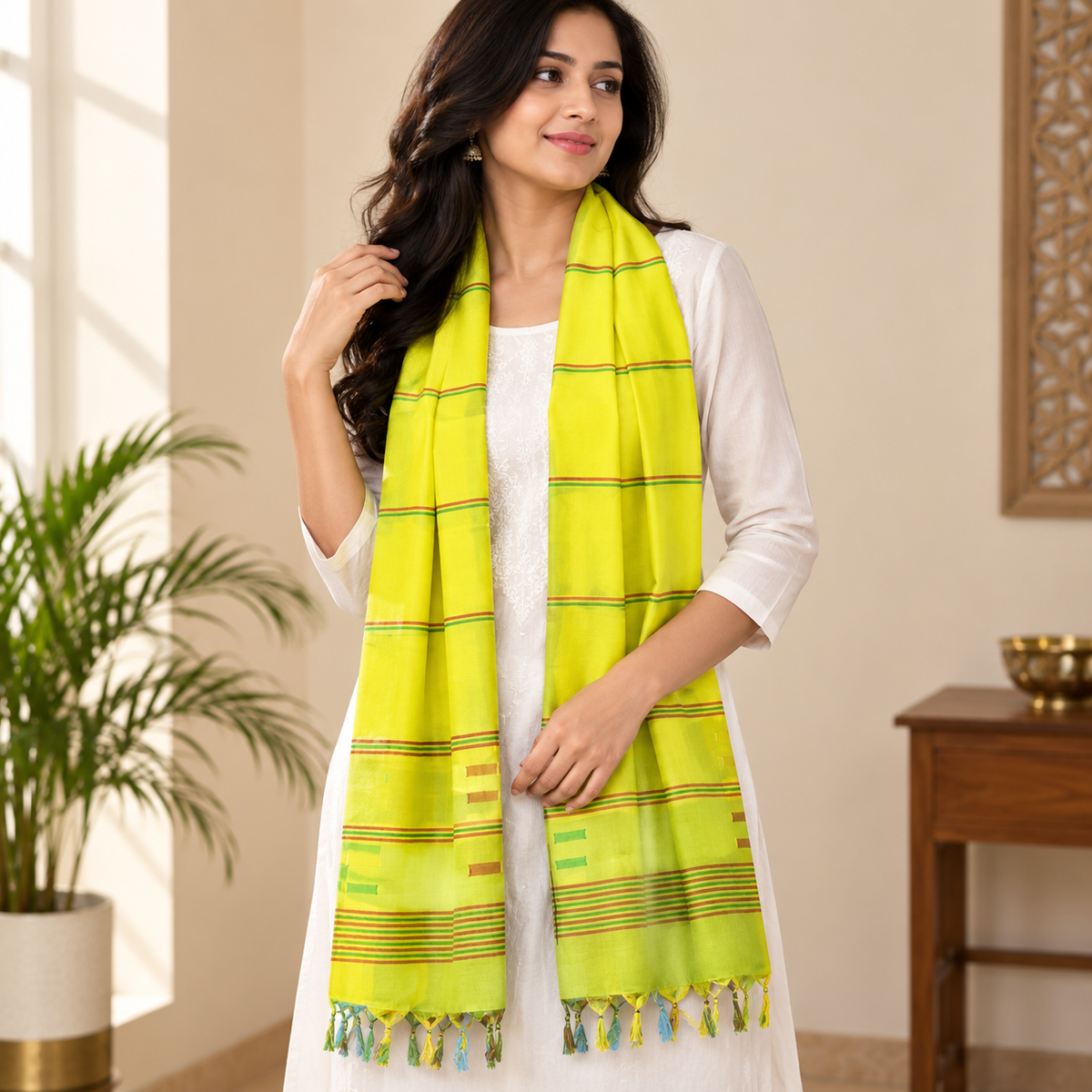 Hand woven jamdani cotton stole_yellow