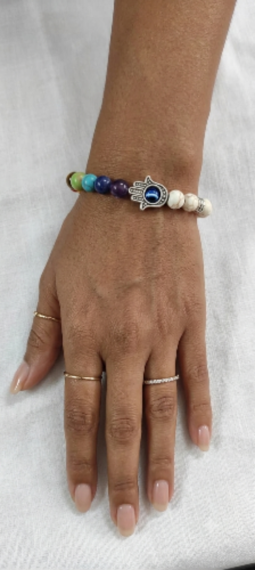 7 Chakra + Silver Hamsa Hand Evil Eye Bracelet