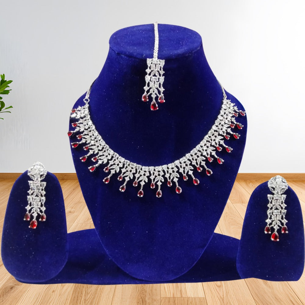 Rhodium Necklace Set With Bindi And Earrings