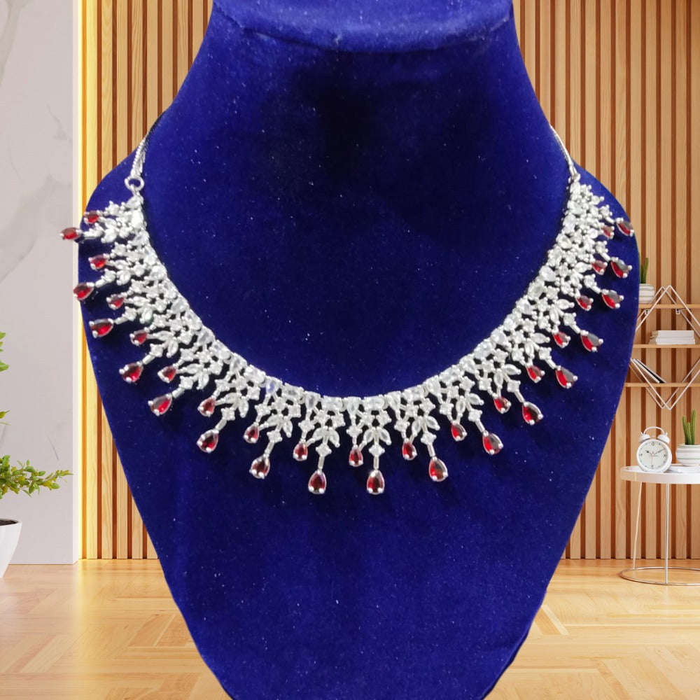 Rhodium Necklace Set With Bindi And Earrings