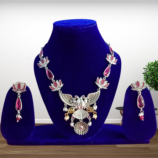 Lotus And Peacock Design Classic Necklace Set With Earrings