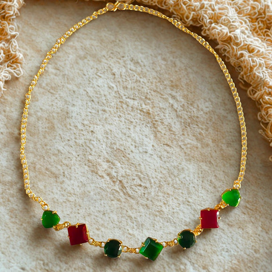 Gold Plated Green And Maroon Necklace