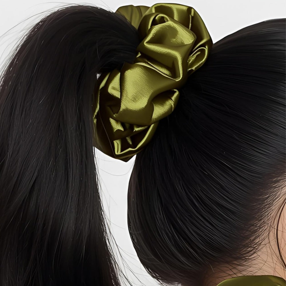 Satin Green Fluffy Scrunchies