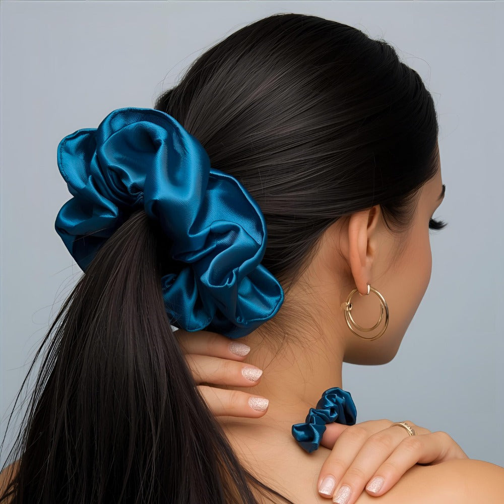 Satin Blue Fluffy Scrunchies