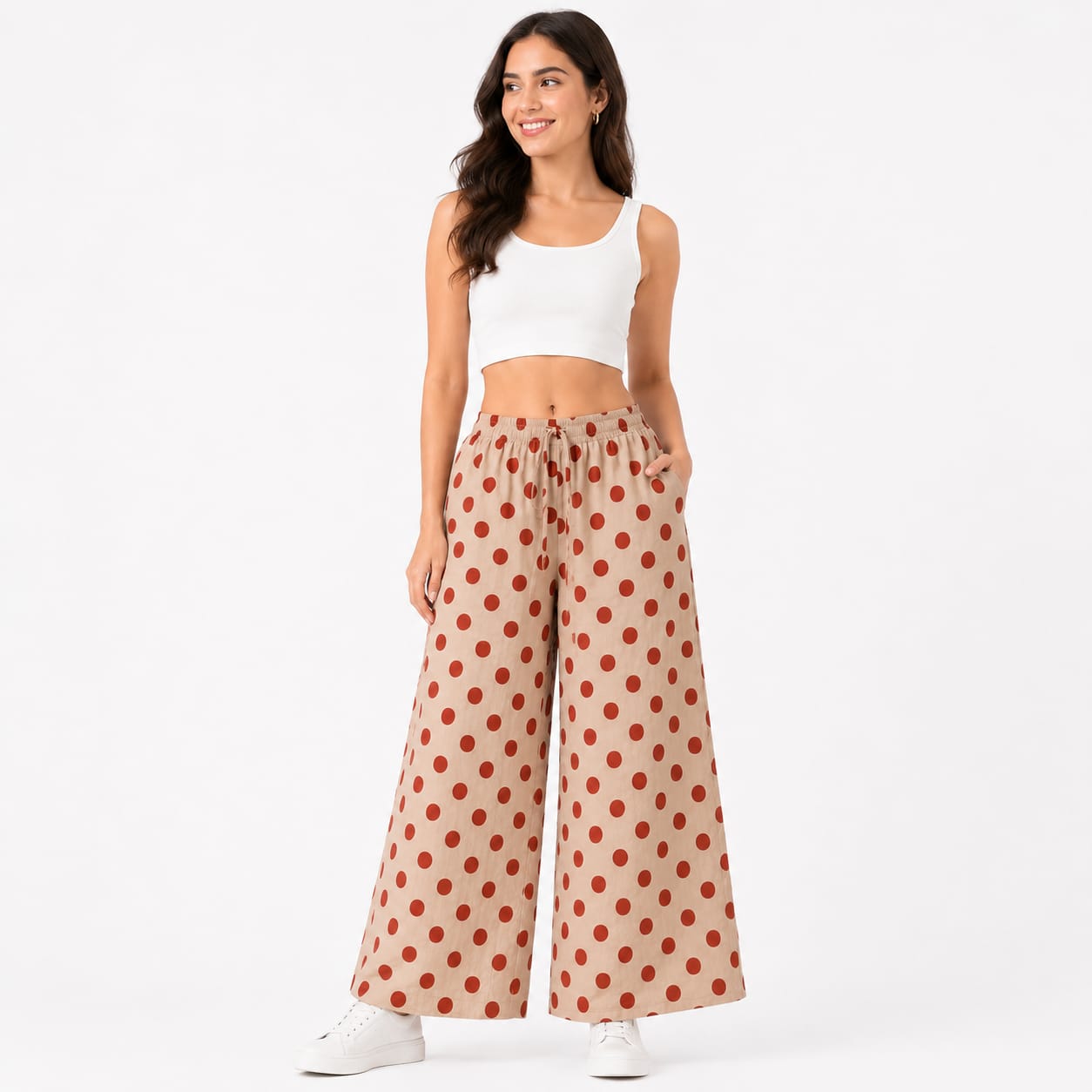 Beige Cotton Polka Dot Printed Palazzo Pant ( Free Size)