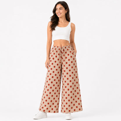 Beige Cotton Polka Dot Printed Palazzo Pant ( Free Size)