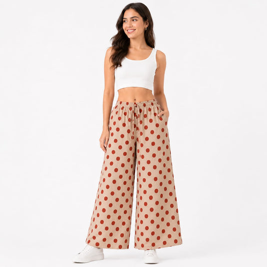 Beige Cotton Polka Dot Printed Palazzo Pant ( Free Size)