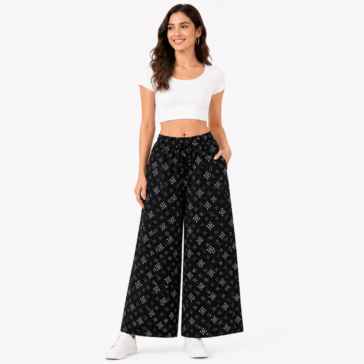 Black Cotton Printed Palazzo Pant (Free size)