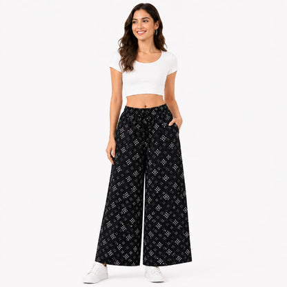 Black Cotton Printed Palazzo Pant (Free size)