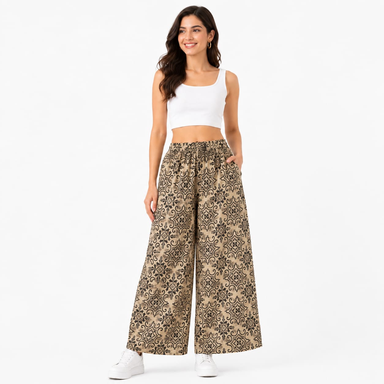 Beige Cotton Printed Palazzo Pant (Free size)
