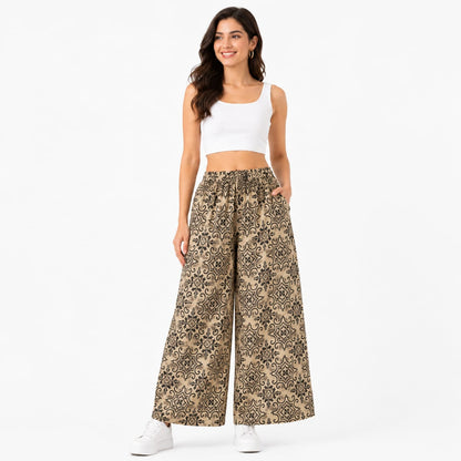 Beige Cotton Printed Palazzo Pant (Free size)