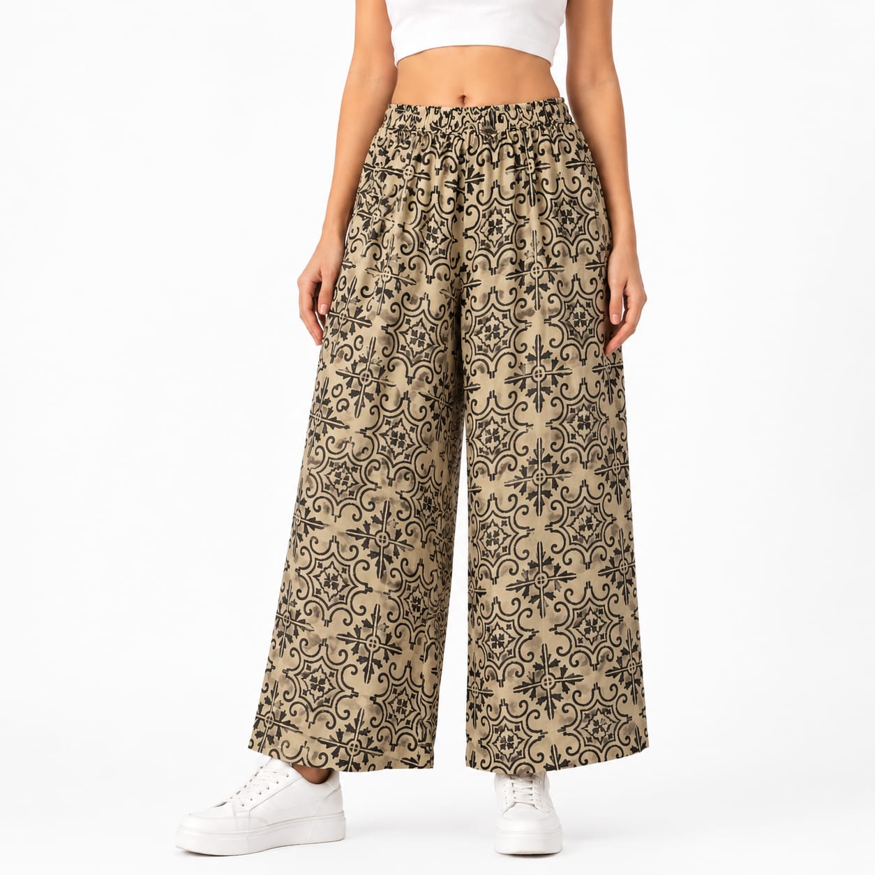 Beige Cotton Printed Palazzo Pant (Free size)