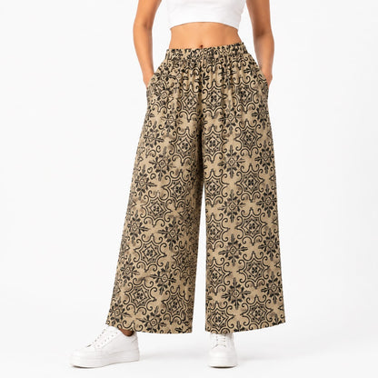 Beige Cotton Printed Palazzo Pant (Free size)