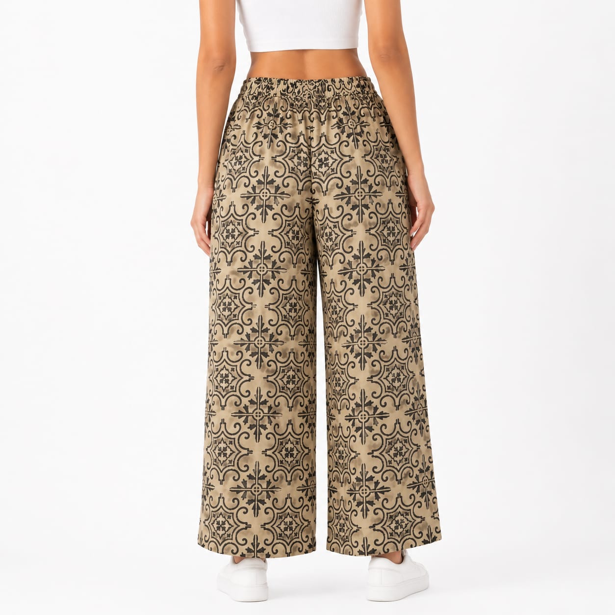 Beige Cotton Printed Palazzo Pant (Free size)