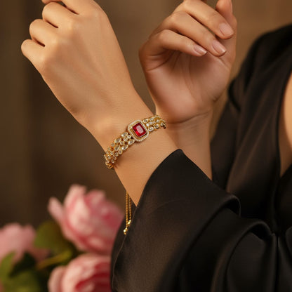 Adjustable Kundan Bracelet With Gold Plating