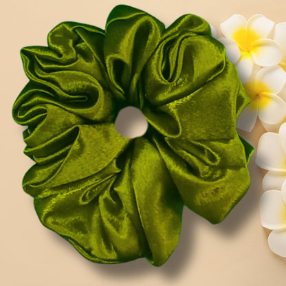 Satin Green Fluffy Scrunchies