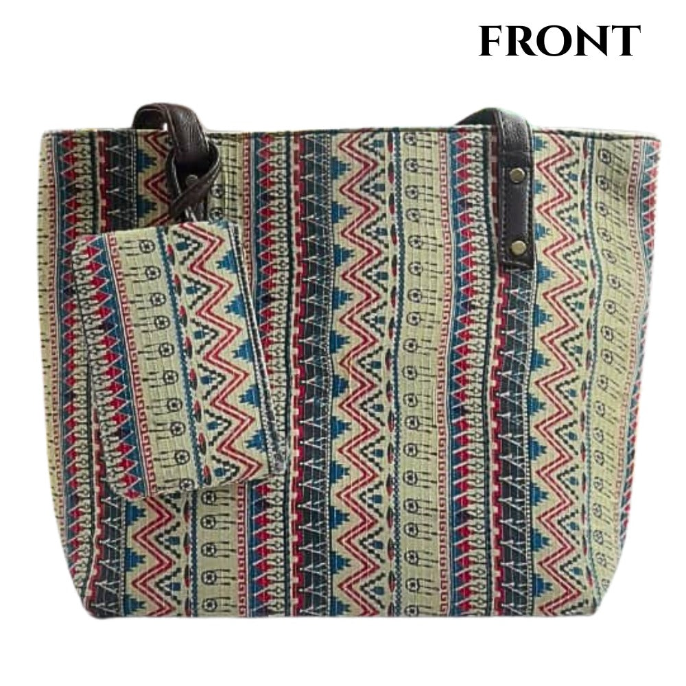 Beautiful Ikkat Fabric Multicolour Tote Bag With Mobile Pouch