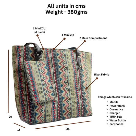 Beautiful Ikkat Fabric Multicolour Tote Bag With Mobile Pouch